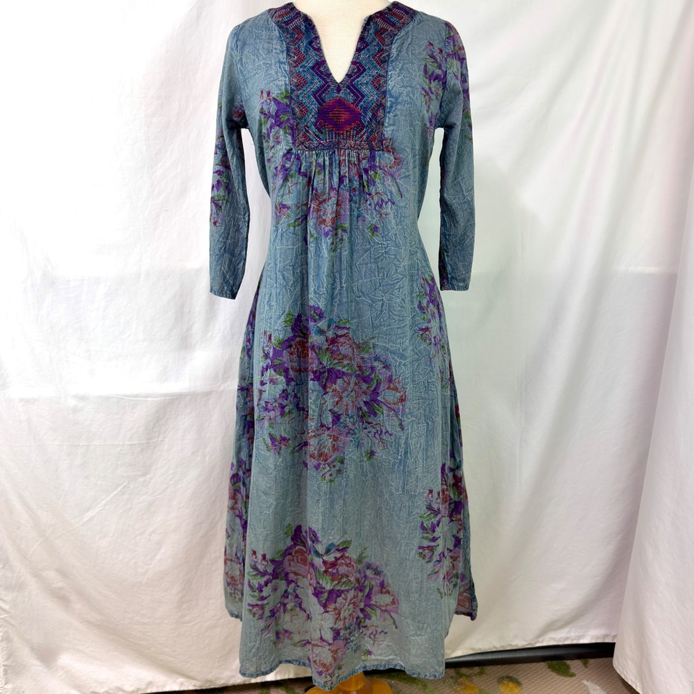 VINTAGE GOA Blue Floral 100% Cotton Floral Embroidered Maxi Dress Tie Back S